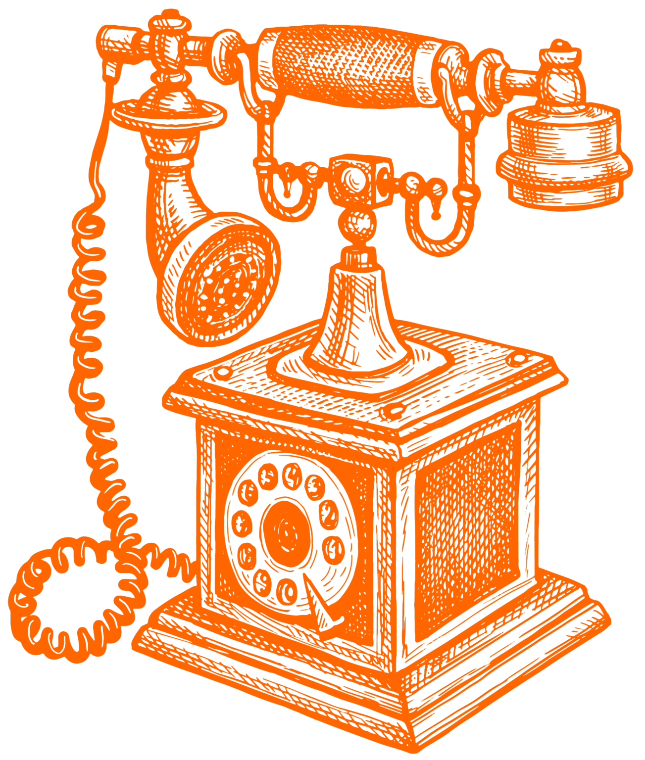 Vintage Telefon dargestellt als oranger Kupferstich – leitet zur MINGLECONTROL Kontakt-Seite