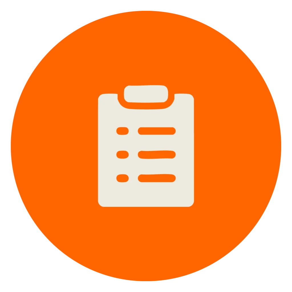 Beiges Icon eines Klemmbretts mit To Do-Liste auf orangenem Kreis zur Darstellung der MINGLECONTROL Softwarefunktion "Protokollierung"